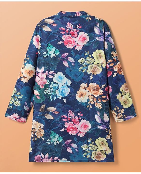 Pine Kids Woven Full Sleeves Kurta Pajama Set with Floral Print - Navy Blue & White