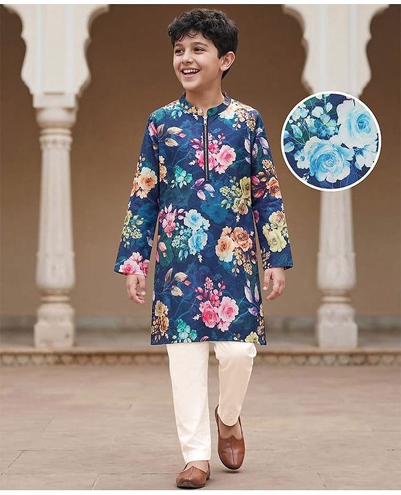 Pine Kids Woven Full Sleeves Kurta Pajama Set with Floral Print - Navy Blue & White