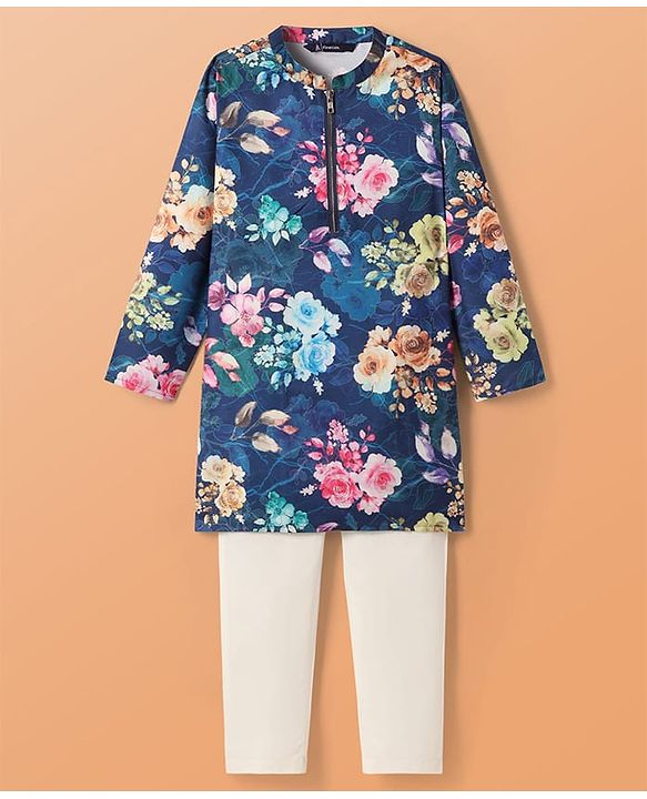 Pine Kids Woven Full Sleeves Kurta Pajama Set with Floral Print - Navy Blue & White