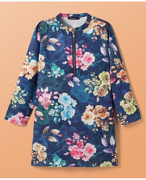 Pine Kids Woven Full Sleeves Kurta Pajama Set with Floral Print - Navy Blue & White