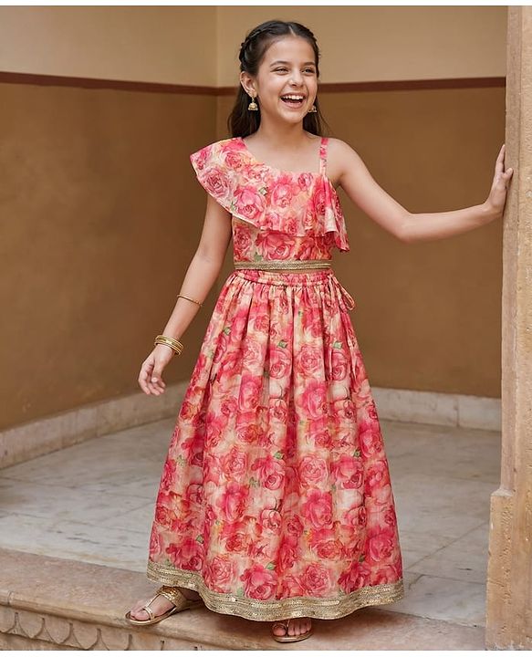 Pine Kids Woven Sleeveless Lehenga Choli Set with Floral Print & Lace Detailing - Pink