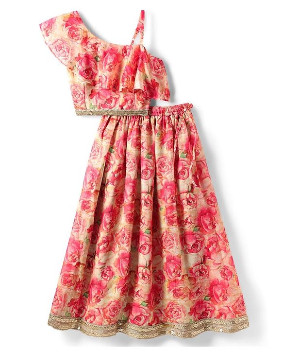 Pine Kids Woven Sleeveless Lehenga Choli Set with Floral Print & Lace Detailing - Pink