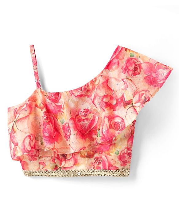 Pine Kids Woven Sleeveless Lehenga Choli Set with Floral Print & Lace Detailing - Pink