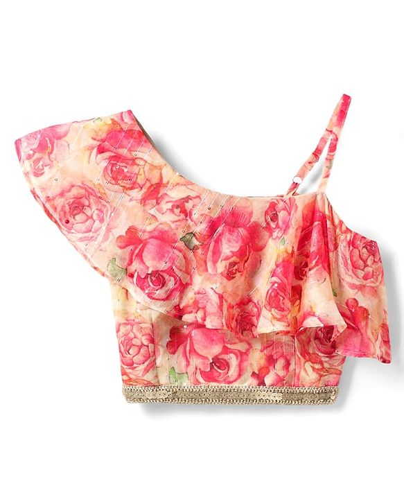 Pine Kids Woven Sleeveless Lehenga Choli Set with Floral Print & Lace Detailing - Pink