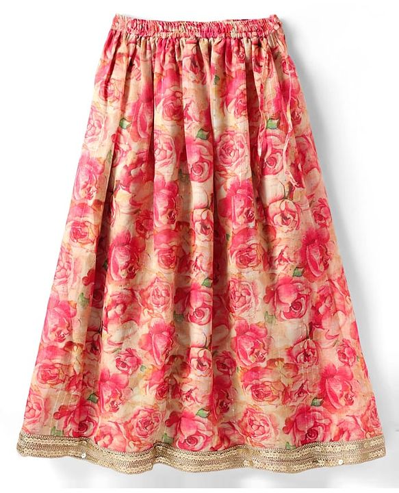 Pine Kids Woven Sleeveless Lehenga Choli Set with Floral Print & Lace Detailing - Pink