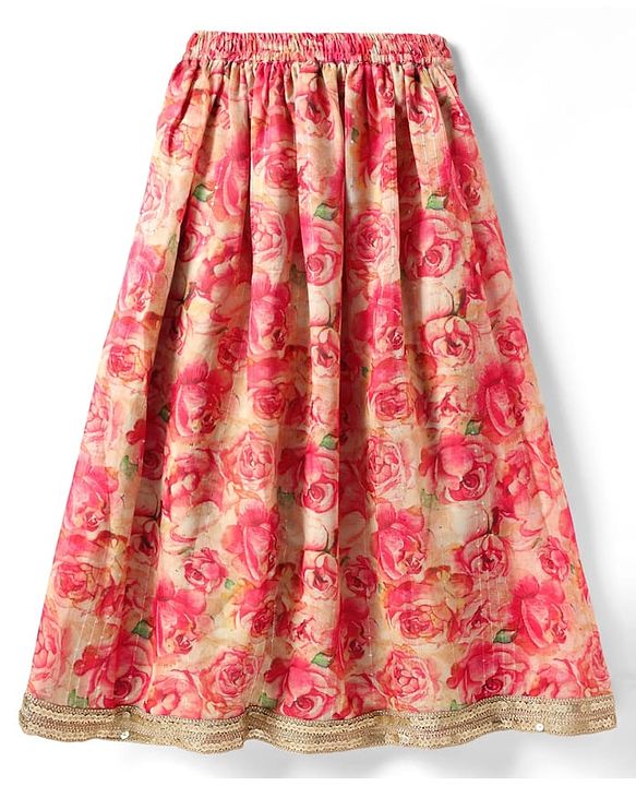 Pine Kids Woven Sleeveless Lehenga Choli Set with Floral Print & Lace Detailing - Pink