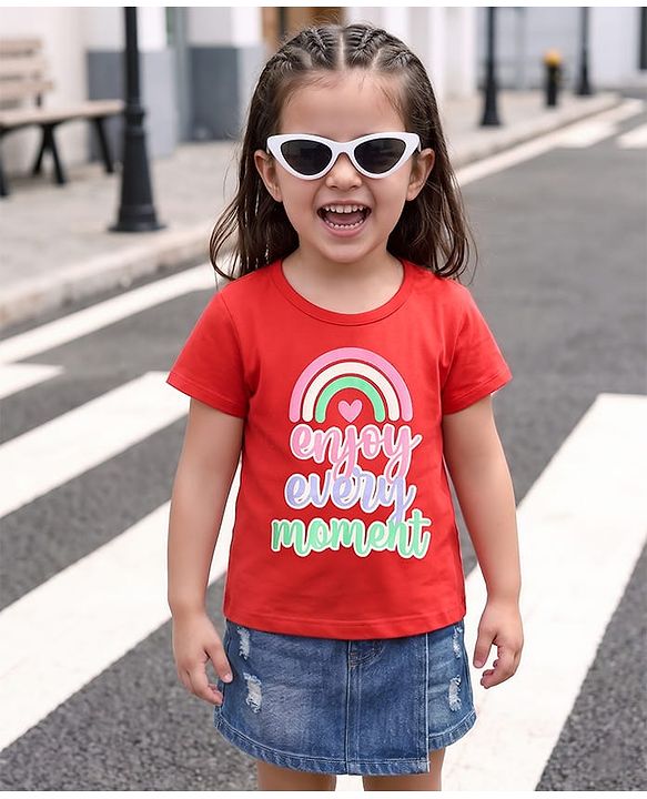 Babyhug 100% Cotton Knit Half Sleeves T-Shirt with Text & Rainbow Print - Red