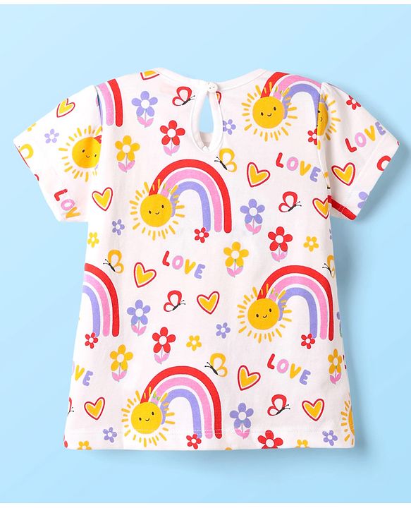 Babyhug 100% Cotton Knit Half Sleeves T-Shirt with Rainbow Print - White