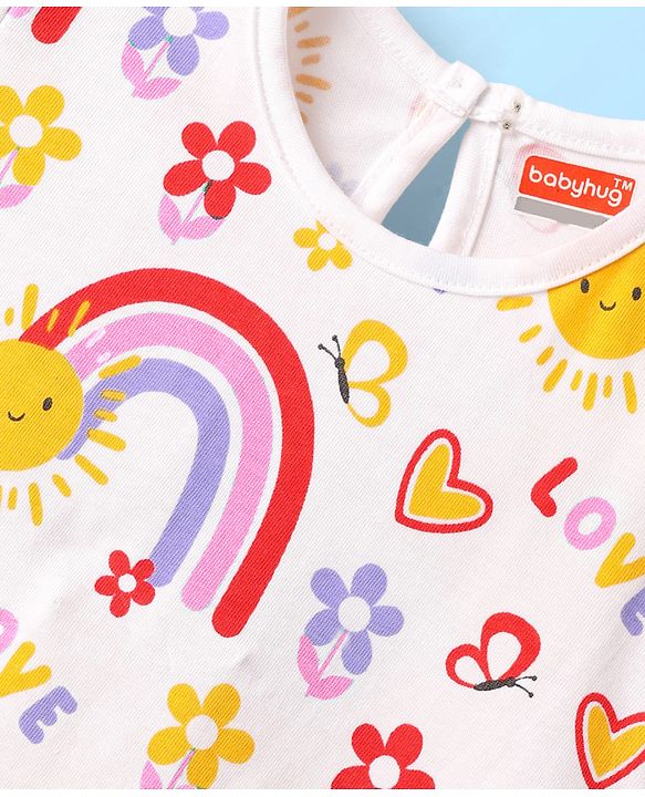 Babyhug 100% Cotton Knit Half Sleeves T-Shirt with Rainbow Print - White