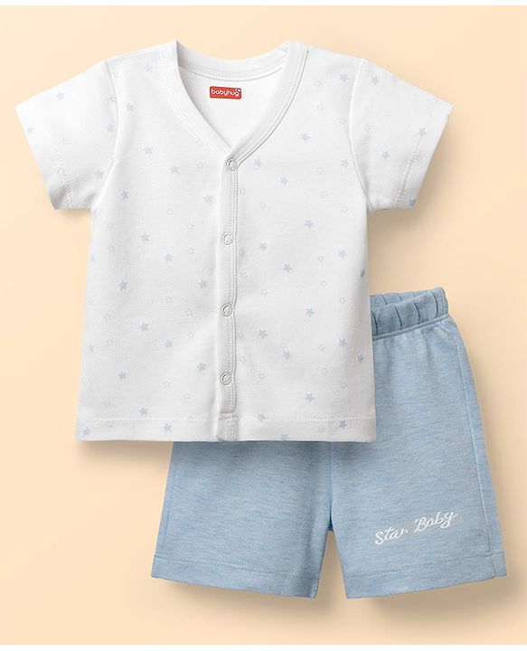 Babyhug Single Jersey Knit Half Sleeves Front Open T-Shirt & Shorts Set With Star Print - Light Blue