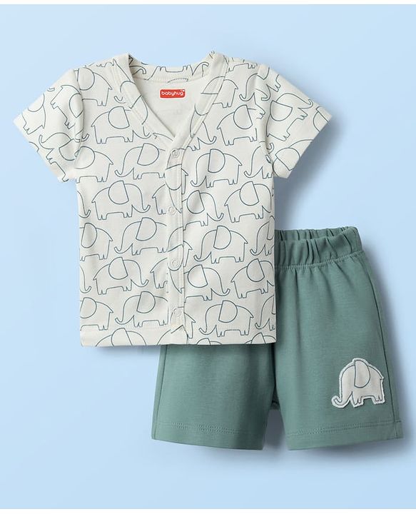 Babyhug Interlock Knit Half Sleeves Front Open T-Shirts & Shorts Sets with Elephant Print - Teal Blue