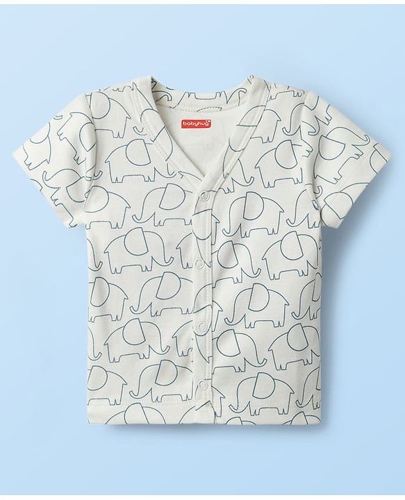 Babyhug Interlock Knit Half Sleeves Front Open T-Shirts & Shorts Sets with Elephant Print - Teal Blue