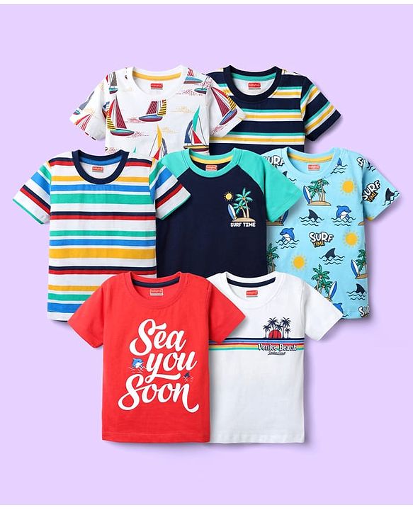 Babyhug 100% Cotton Knit Half Sleeves T-Shirts with Beach Theme Print & Stripes Pack of 7 - Multicolor