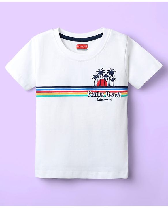 Babyhug 100% Cotton Knit Half Sleeves T-Shirts with Beach Theme Print & Stripes Pack of 7 - Multicolor
