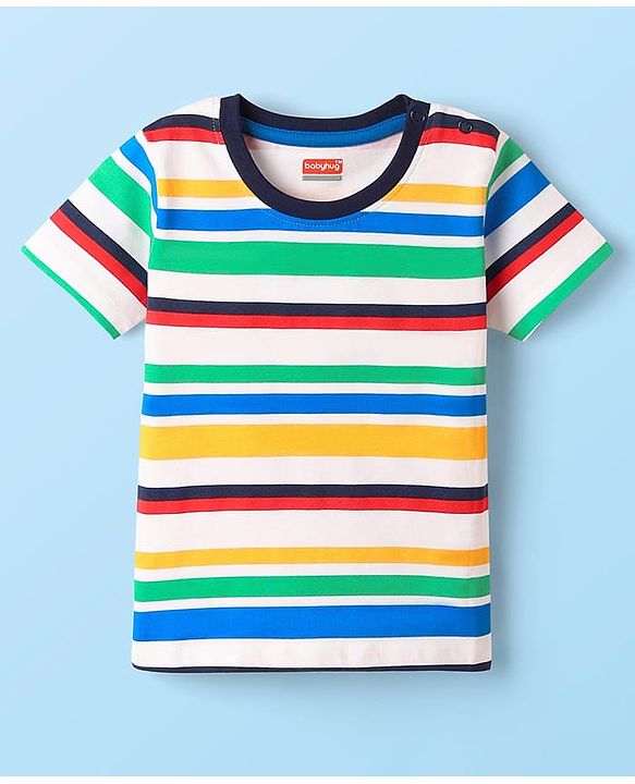 Babyhug 100% Cotton Knit Half Sleeves Striped T-Shirt - White