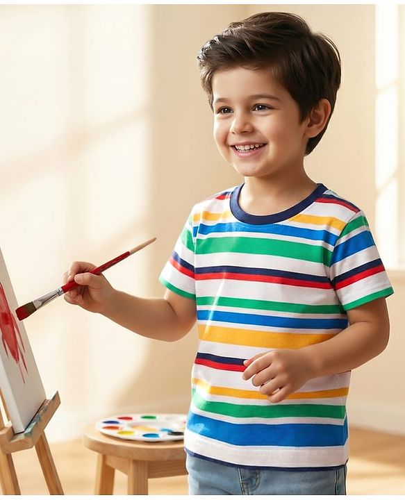 Babyhug 100% Cotton Knit Half Sleeves Striped T-Shirt - White