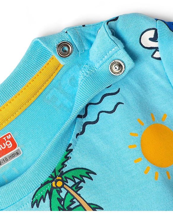 Babyhug 100% Cotton Knit Half Sleeves Beach Theme Printed T-Shirt - Light Blue