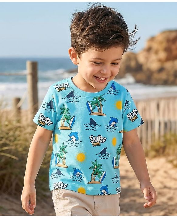 Babyhug 100% Cotton Knit Half Sleeves Beach Theme Printed T-Shirt - Light Blue