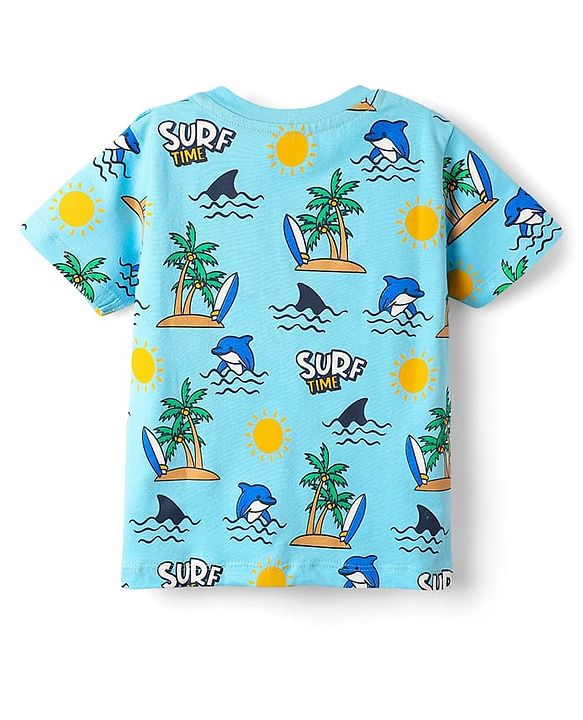Babyhug 100% Cotton Knit Half Sleeves Beach Theme Printed T-Shirt - Light Blue