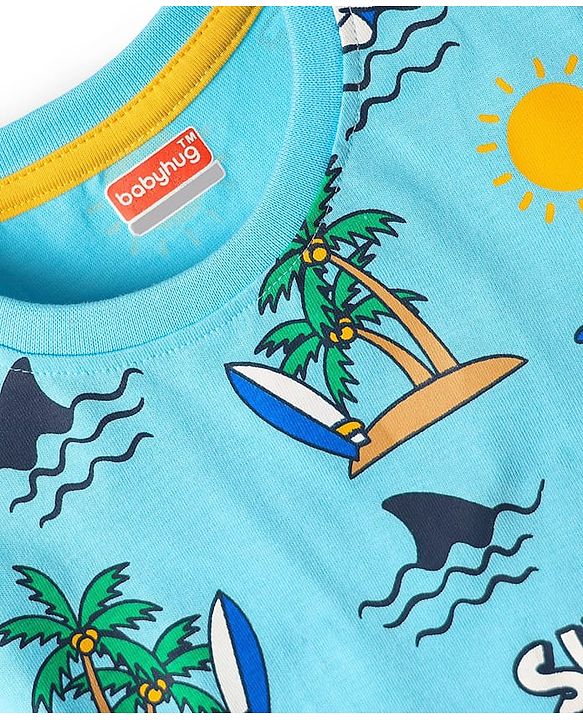 Babyhug 100% Cotton Knit Half Sleeves Beach Theme Printed T-Shirt - Light Blue