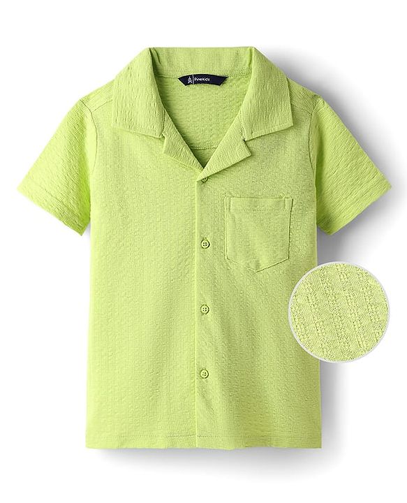 Pine Kids Cotton Woven Half Sleeves Solid Colour Shirt With Textured Design - Light Green