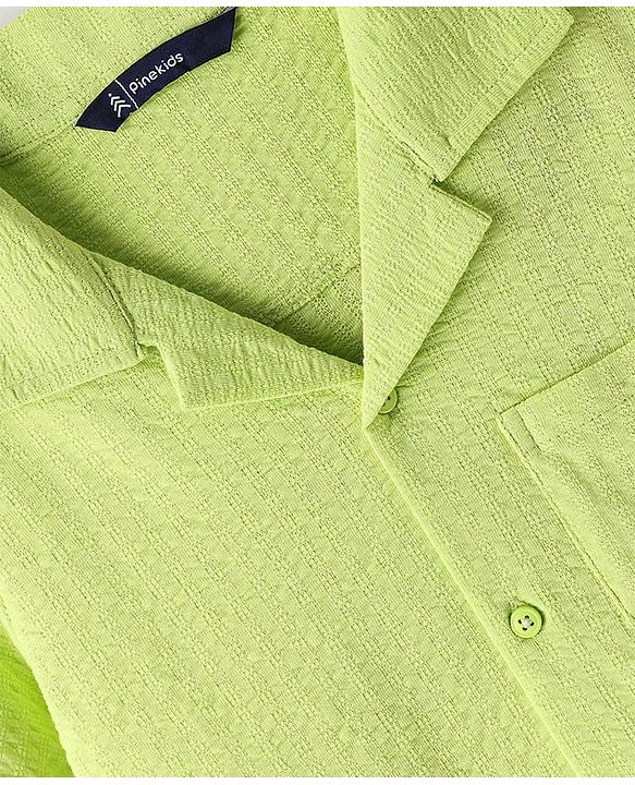 Pine Kids Cotton Woven Half Sleeves Solid Colour Shirt With Textured Design - Light Green