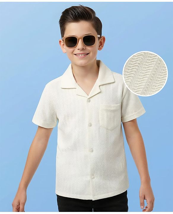 Pine Kids Cotton Woven Half Sleeves Solid Colour Shirt With Textured Design - Light Green