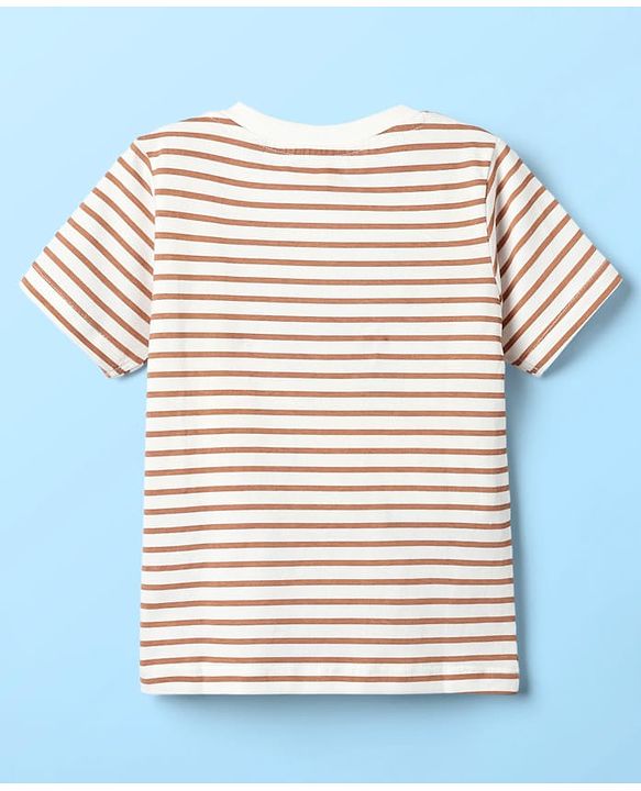 Babyhug Interlock Knit Half Sleeves Striped T-Shirt & Shorts Set With Animal Patch - Brown