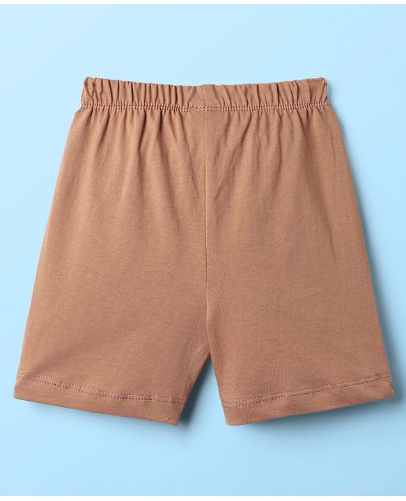Babyhug Interlock Knit Half Sleeves Striped T-Shirt & Shorts Set With Animal Patch - Brown