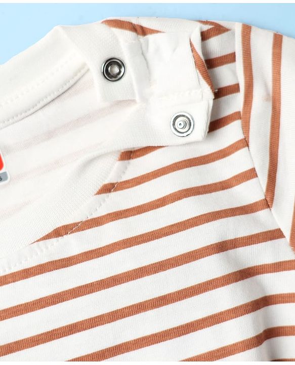 Babyhug Interlock Knit Half Sleeves Striped T-Shirt & Shorts Set With Animal Patch - Brown