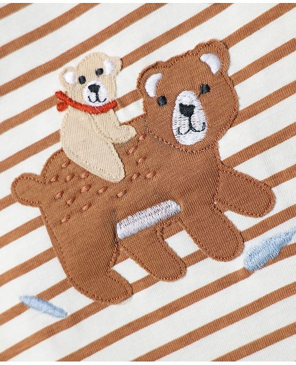 Babyhug Interlock Knit Half Sleeves Striped T-Shirt & Shorts Set With Animal Patch - Brown