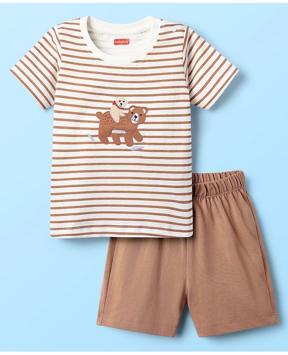 Babyhug Interlock Knit Half Sleeves Striped T-Shirt & Shorts Set With Animal Patch - Brown