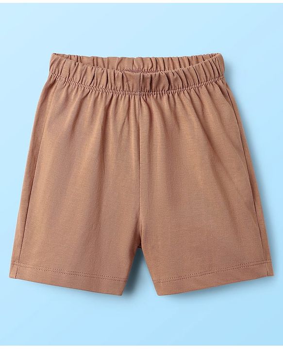 Babyhug Interlock Knit Half Sleeves Striped T-Shirt & Shorts Set With Animal Patch - Brown