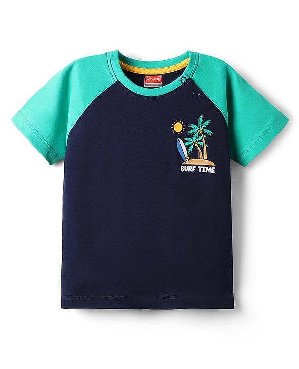 Babyhug 100% Cotton Knit Half Raglan Sleeves T-Shirt with Beach Theme Print - Navy Blue