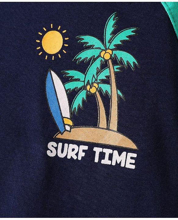 Babyhug 100% Cotton Knit Half Raglan Sleeves T-Shirt with Beach Theme Print - Navy Blue