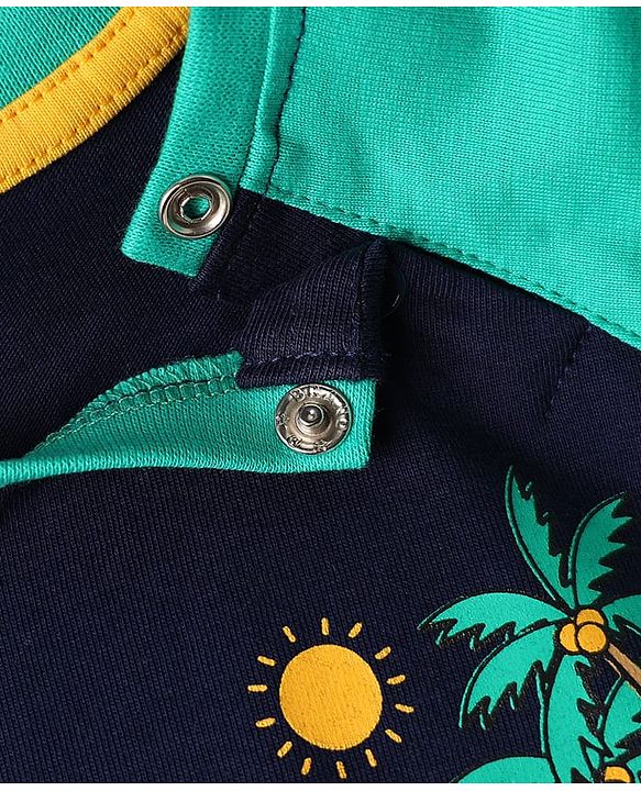 Babyhug 100% Cotton Knit Half Raglan Sleeves T-Shirt with Beach Theme Print - Navy Blue