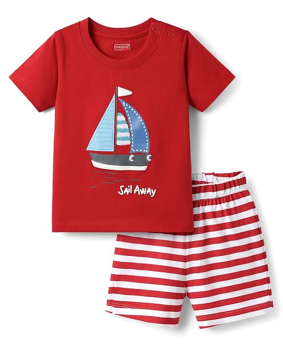 Babyhug Interlock Knit Half Sleeves T-Shirt & Shorts Set With Stripes & Nautical Theme Print - Red & White