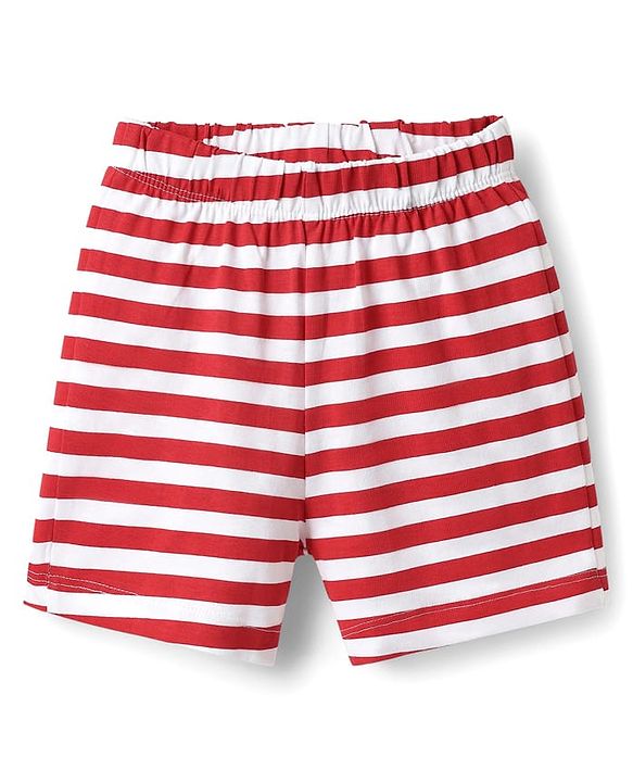 Babyhug Interlock Knit Half Sleeves T-Shirt & Shorts Set With Stripes & Nautical Theme Print - Red & White