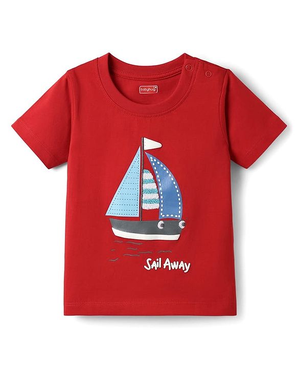 Babyhug Interlock Knit Half Sleeves T-Shirt & Shorts Set With Stripes & Nautical Theme Print - Red & White