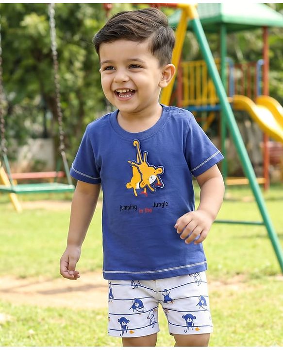 Babyhug Interlock Knit Half Sleeves T-Shirt & Shorts Set with Stripes & Animal Applique - Blue