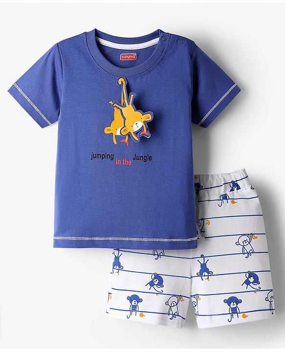 Babyhug Interlock Knit Half Sleeves T-Shirt & Shorts Set with Stripes & Animal Applique - Blue