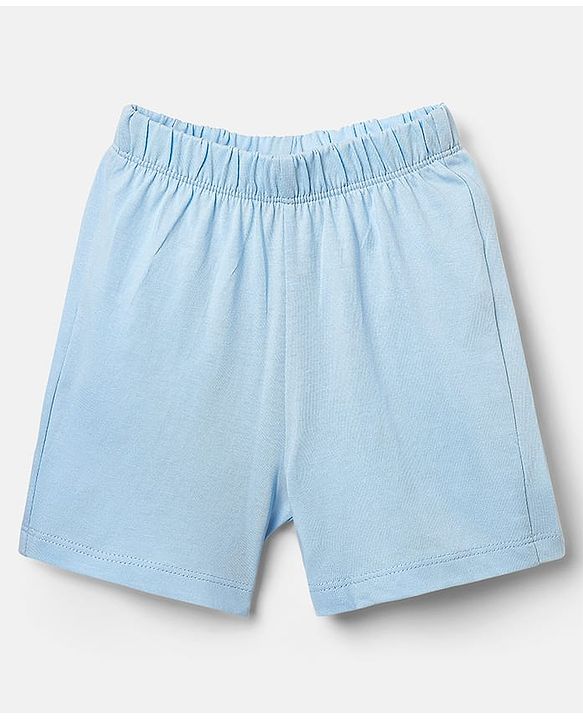 Babyhug Interlock Knit Half Sleeves T-Shirt & Shorts Set with Bear Embroidery - Light Blue & White