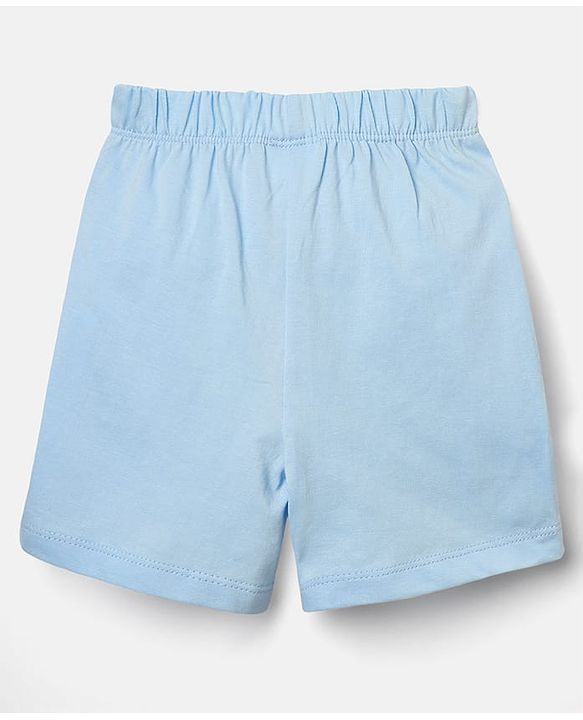 Babyhug Interlock Knit Half Sleeves T-Shirt & Shorts Set with Bear Embroidery - Light Blue & White