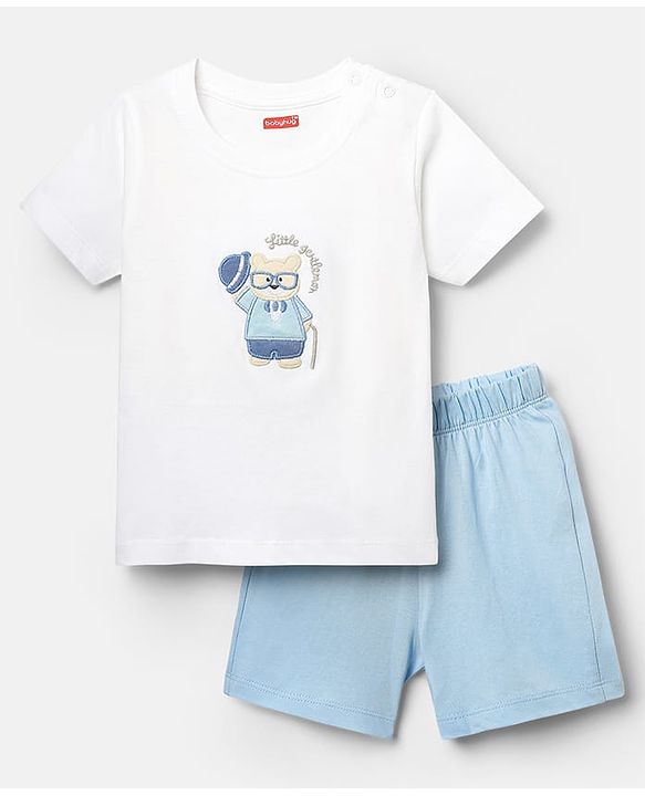 Babyhug Interlock Knit Half Sleeves T-Shirt & Shorts Set with Bear Embroidery - Light Blue & White