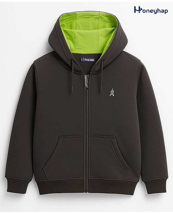 Pine Kids Knit Full Sleeves Solid Color Hooded SweatJacket with Kangaroo Pocket - Black