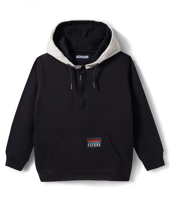 Pine Kids Cotton Knit Full Sleeves Hooded Sweatshirt With Patch Detailing & Kangaroo Pockets - Black