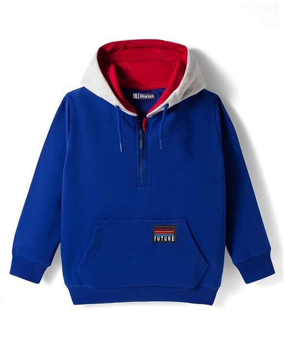 Pine Kids Cotton Knit Full Sleeves Hooded Sweatshirt With Patch Detailing & Kangaroo Pockets - Black