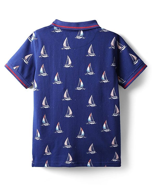 Pine Kids Cotton Knit Half Sleeves Polo T-Shirt With Nautical Print - Navy Blue