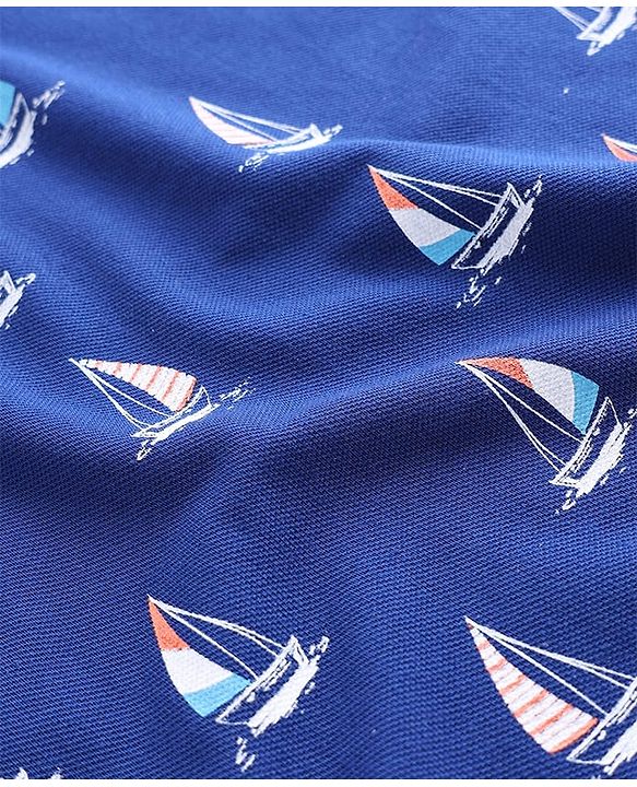 Pine Kids Cotton Knit Half Sleeves Polo T-Shirt With Nautical Print - Navy Blue