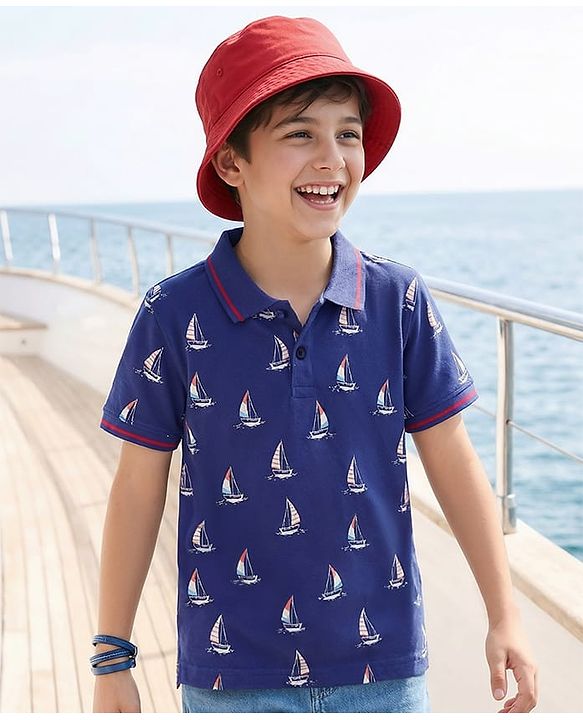 Pine Kids Cotton Knit Half Sleeves Polo T-Shirt With Nautical Print - Navy Blue